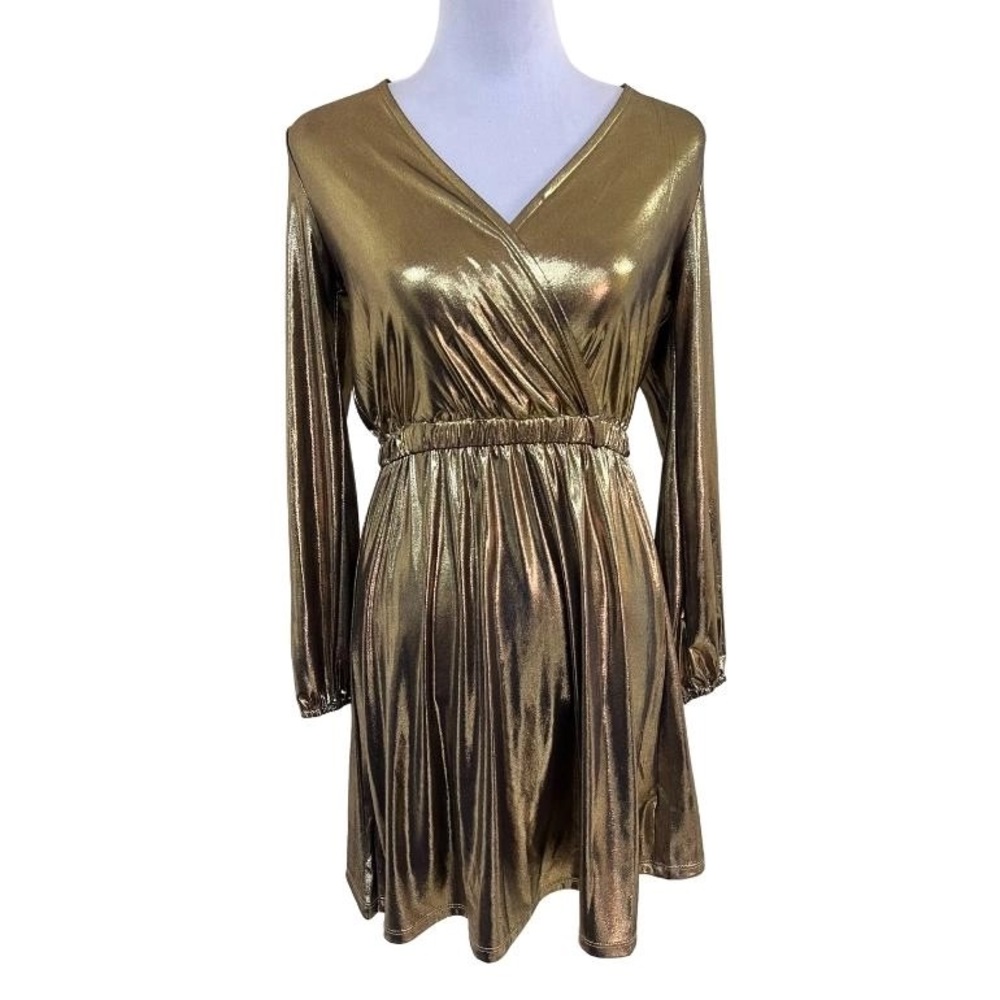 Gold Metallic V-Neck Long Sleeve Dress
